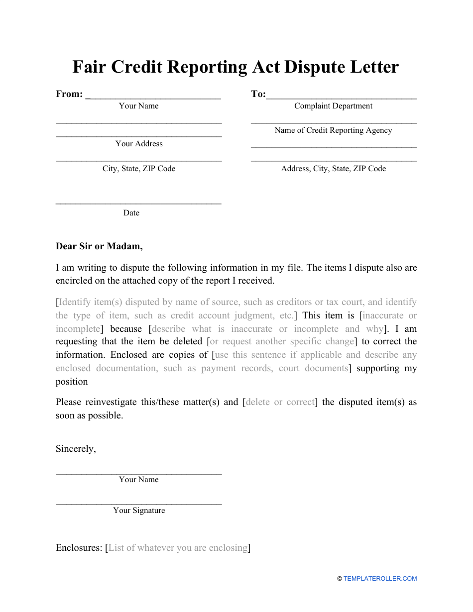 Fair Credit Reporting Act Dispute Letter Download Printable PDF 