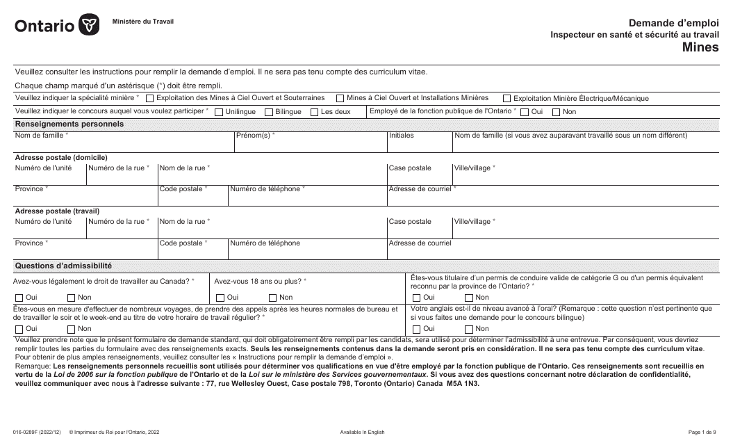 Forme 016-0289F Demande D'emploi - Mines - Ontario, Canada (French)