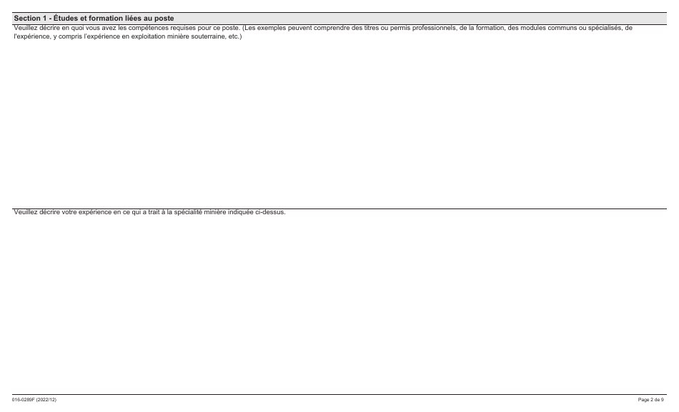Forme 016-0289F Demande Demploi - Mines - Ontario, Canada (French), Page 2