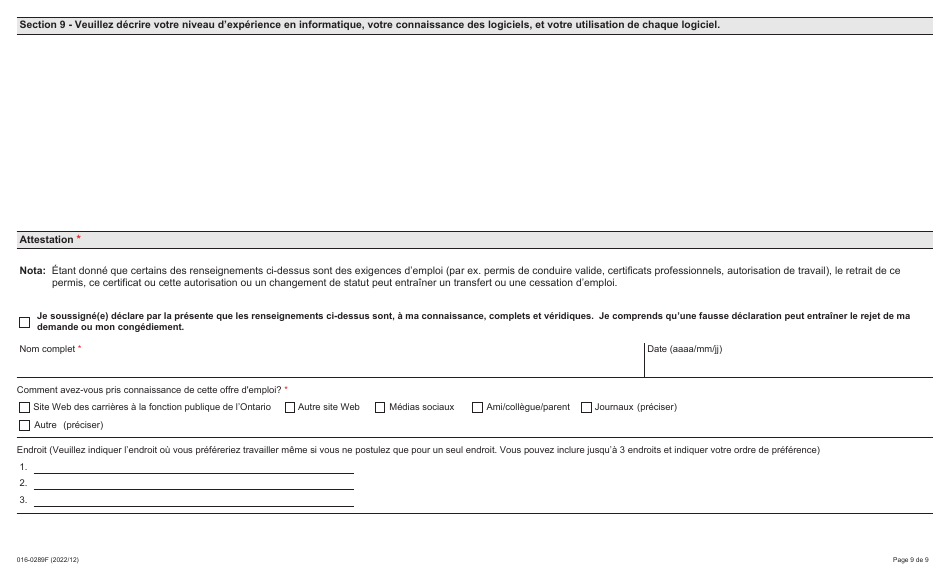 Forme 016-0289F Demande Demploi - Mines - Ontario, Canada (French), Page 9