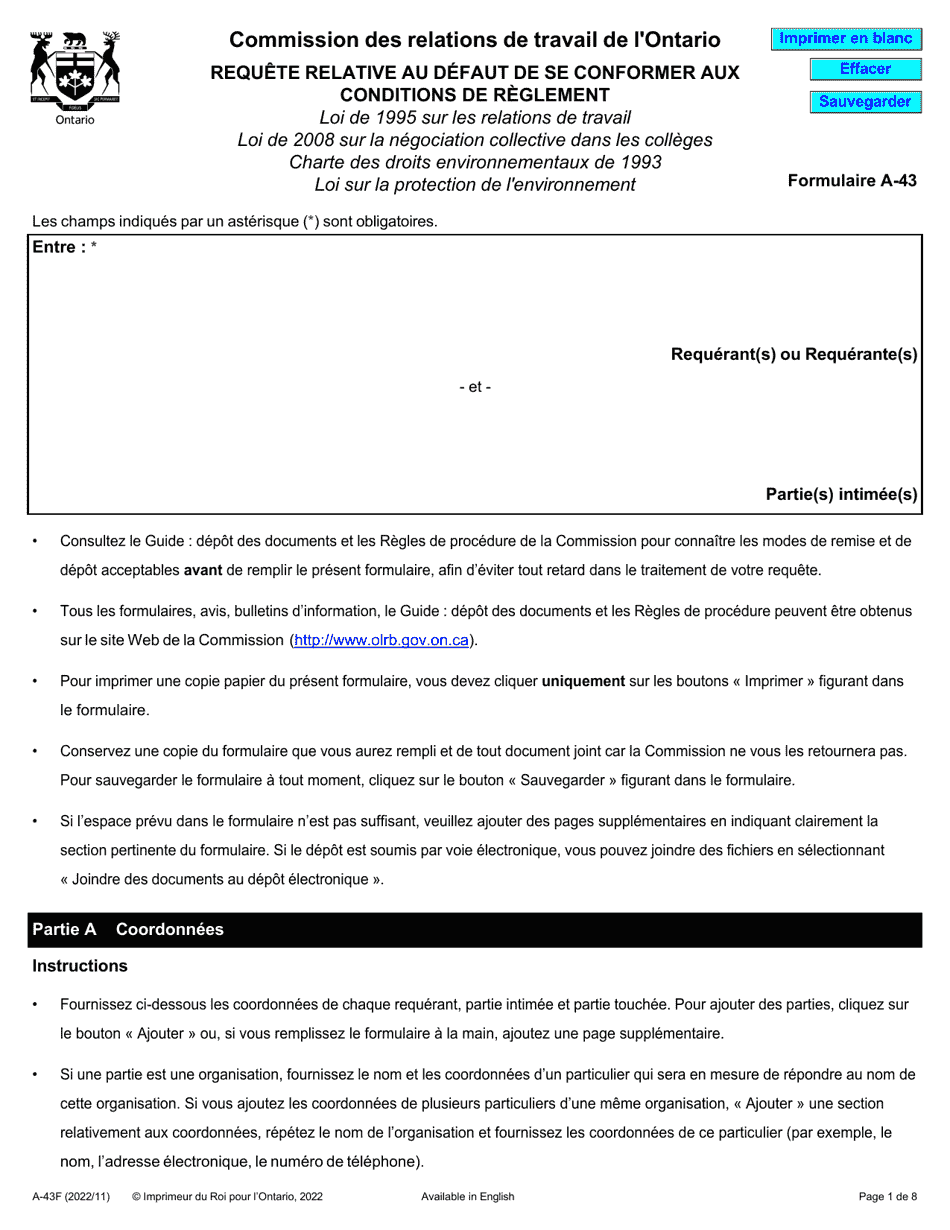 Forme A-43 Requete Relative Au Defaut De Se Conformer Aux Conditions De Reglement - Ontario, Canada (French), Page 1