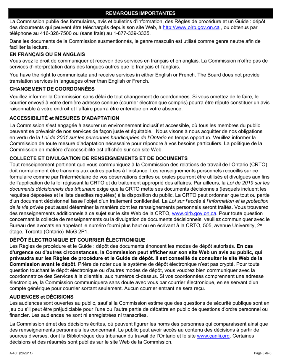 Forme A-43 Requete Relative Au Defaut De Se Conformer Aux Conditions De Reglement - Ontario, Canada (French), Page 5