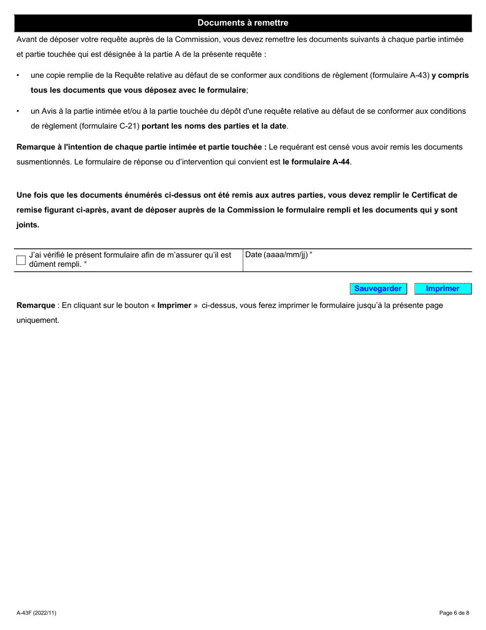 Forme A-43 Requete Relative Au Defaut De Se Conformer Aux Conditions De Reglement - Ontario, Canada (French), Page 6