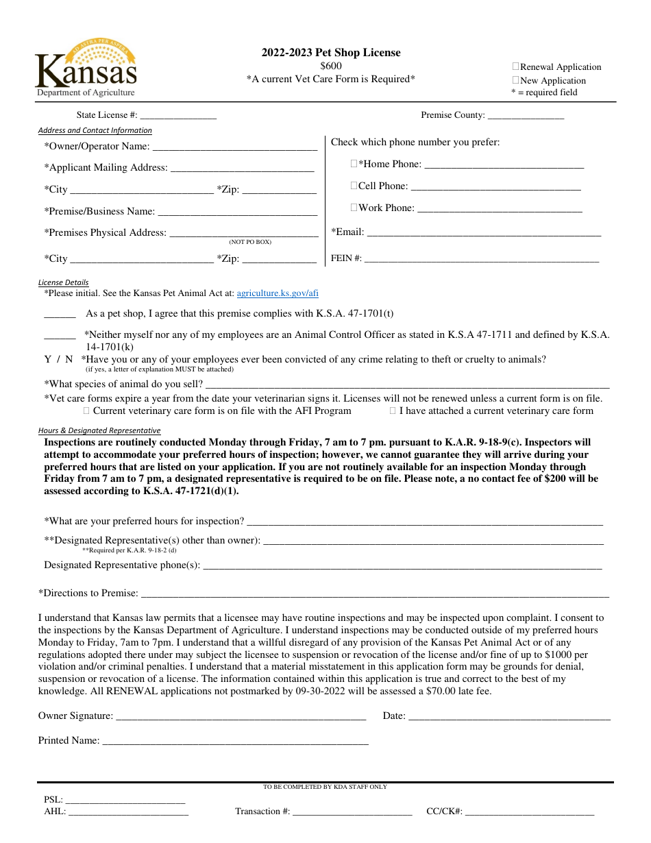 Pet Shop License Application - Kansas, Page 1