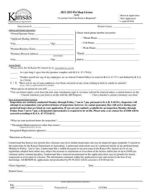 Pet Shop License Application - Kansas, 2023