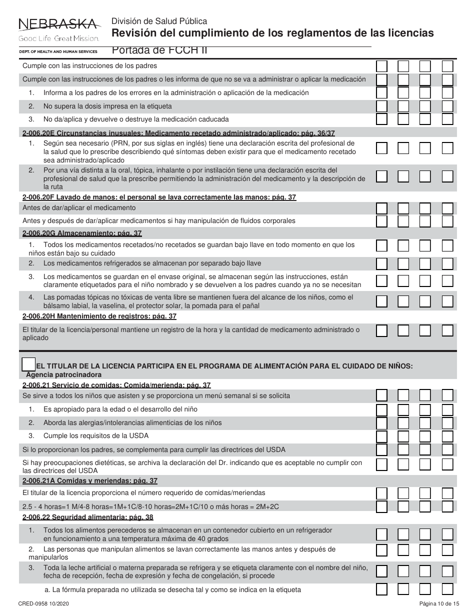 Formulario CRED-0958 Revisi n Del Cumplimiento De Los Reglamentos De Las Licencias - Portada De Fcch Ii - Nebraska (Spanish), Page 10