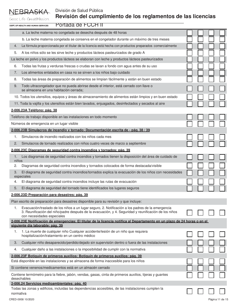 Formulario CRED-0958 Revisi n Del Cumplimiento De Los Reglamentos De Las Licencias - Portada De Fcch Ii - Nebraska (Spanish), Page 11