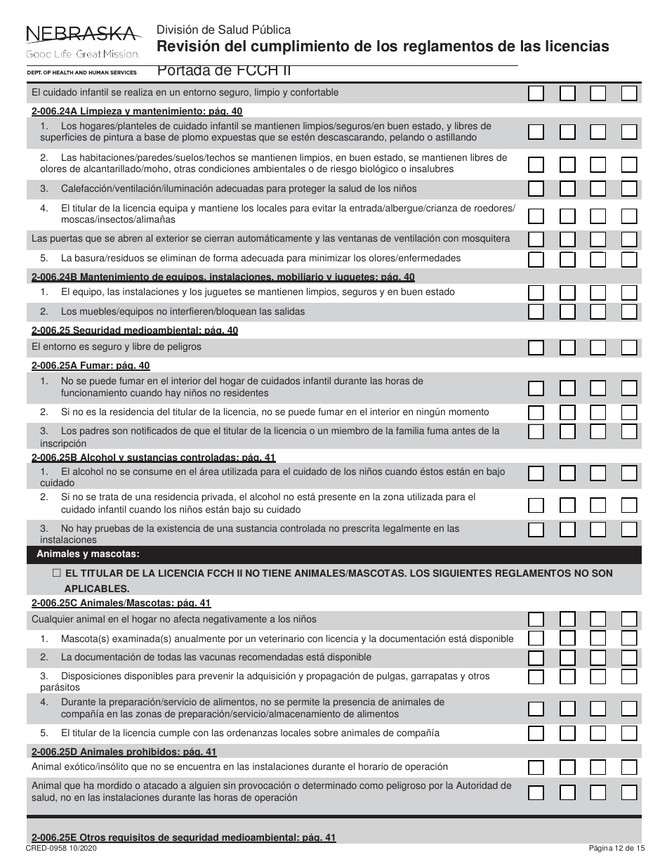 Formulario CRED-0958 Revisi n Del Cumplimiento De Los Reglamentos De Las Licencias - Portada De Fcch Ii - Nebraska (Spanish), Page 12