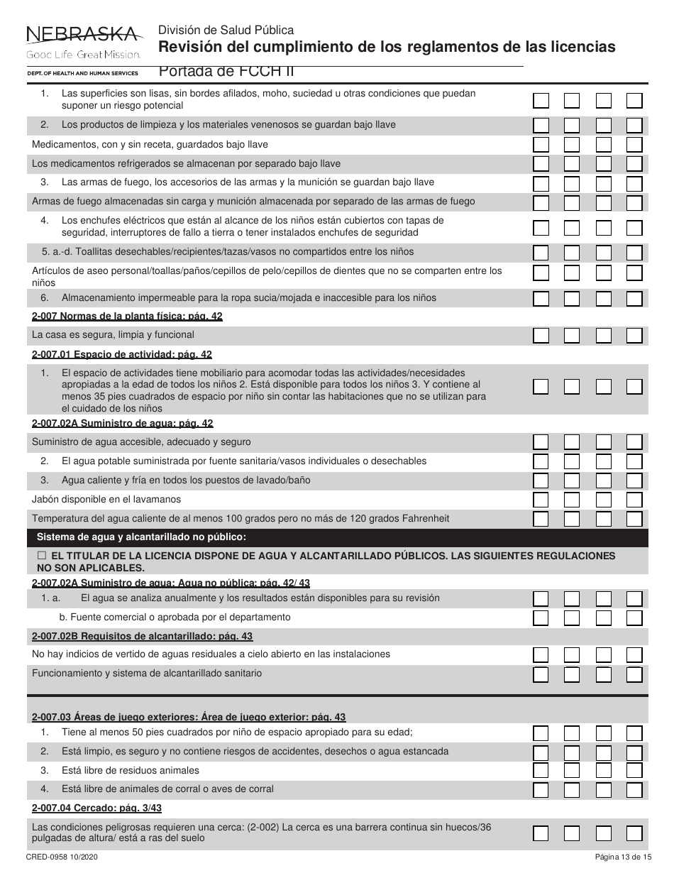 Formulario CRED-0958 Revisi n Del Cumplimiento De Los Reglamentos De Las Licencias - Portada De Fcch Ii - Nebraska (Spanish), Page 13