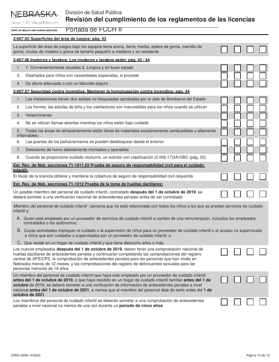 Formulario CRED-0958 Revisi n Del Cumplimiento De Los Reglamentos De Las Licencias - Portada De Fcch Ii - Nebraska (Spanish), Page 14