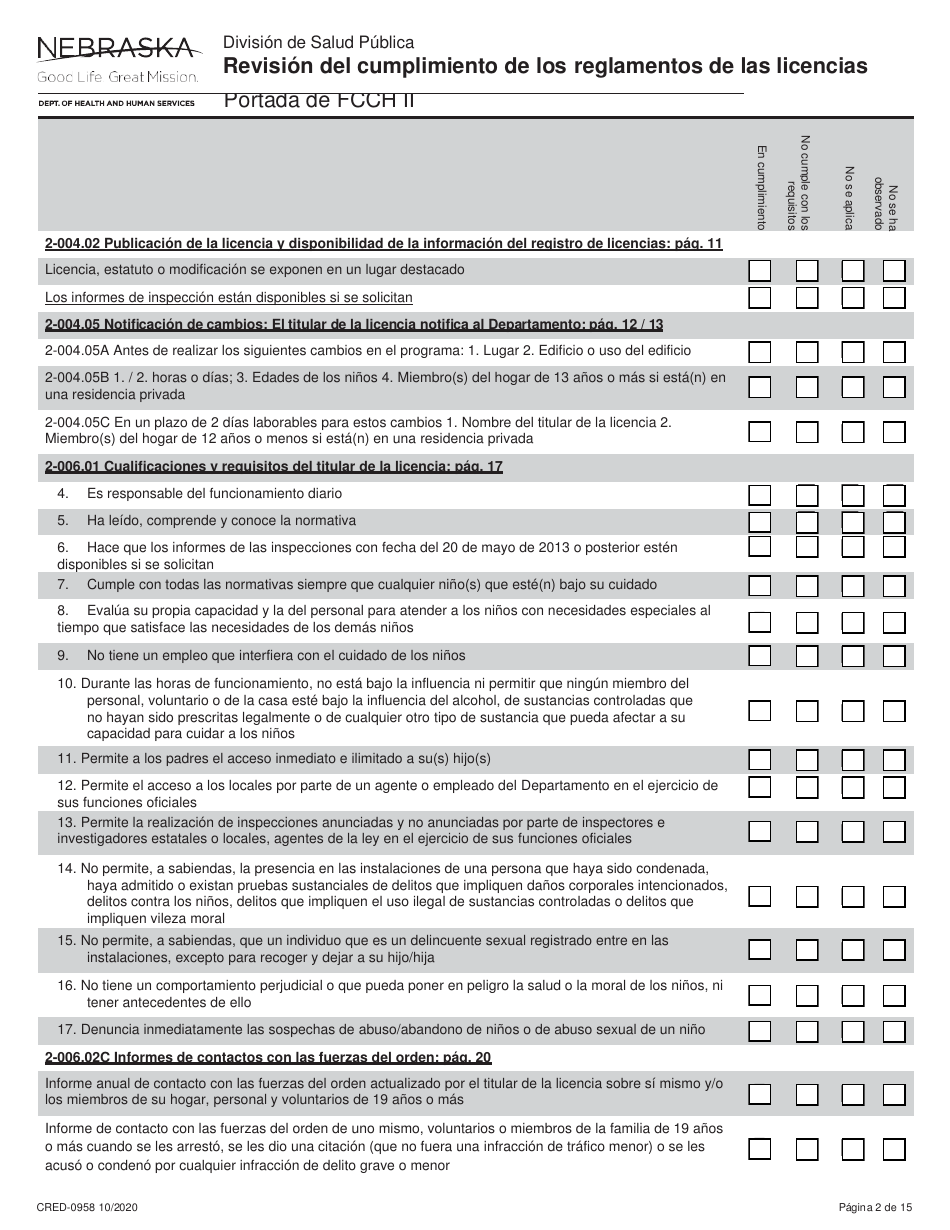 Formulario CRED-0958 Revisi n Del Cumplimiento De Los Reglamentos De Las Licencias - Portada De Fcch Ii - Nebraska (Spanish), Page 2