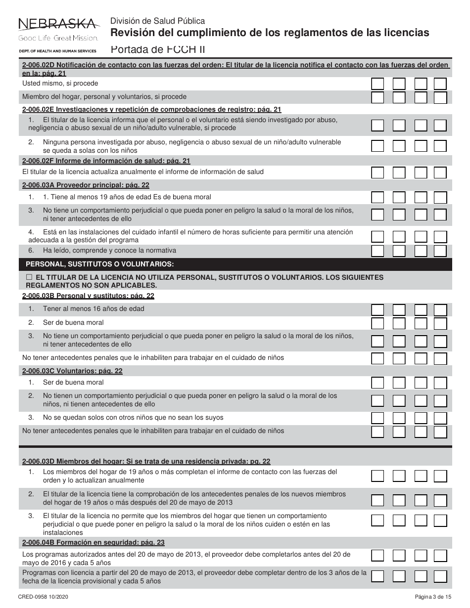 Formulario CRED-0958 Revisi n Del Cumplimiento De Los Reglamentos De Las Licencias - Portada De Fcch Ii - Nebraska (Spanish), Page 3