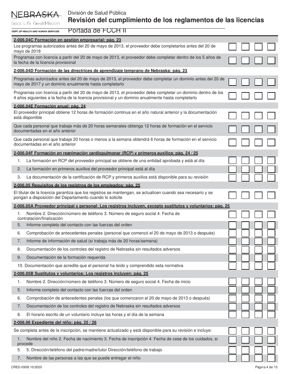 Formulario CRED-0958 Revisi n Del Cumplimiento De Los Reglamentos De Las Licencias - Portada De Fcch Ii - Nebraska (Spanish), Page 4