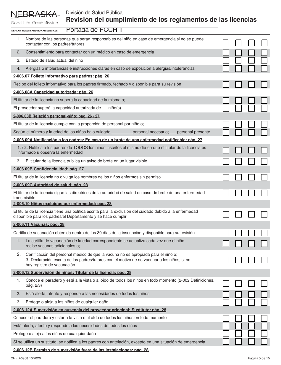 Formulario CRED-0958 Revisi n Del Cumplimiento De Los Reglamentos De Las Licencias - Portada De Fcch Ii - Nebraska (Spanish), Page 5