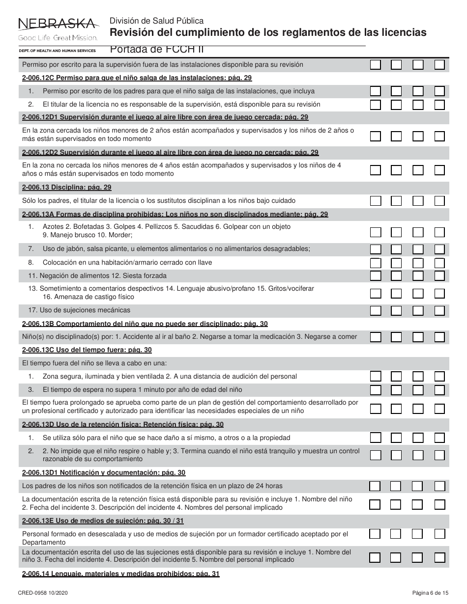 Formulario CRED-0958 Revisi n Del Cumplimiento De Los Reglamentos De Las Licencias - Portada De Fcch Ii - Nebraska (Spanish), Page 6