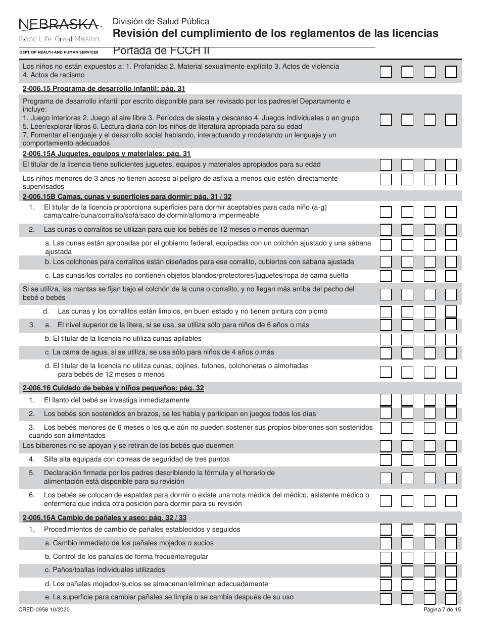 Formulario CRED-0958 Revisi n Del Cumplimiento De Los Reglamentos De Las Licencias - Portada De Fcch Ii - Nebraska (Spanish), Page 7