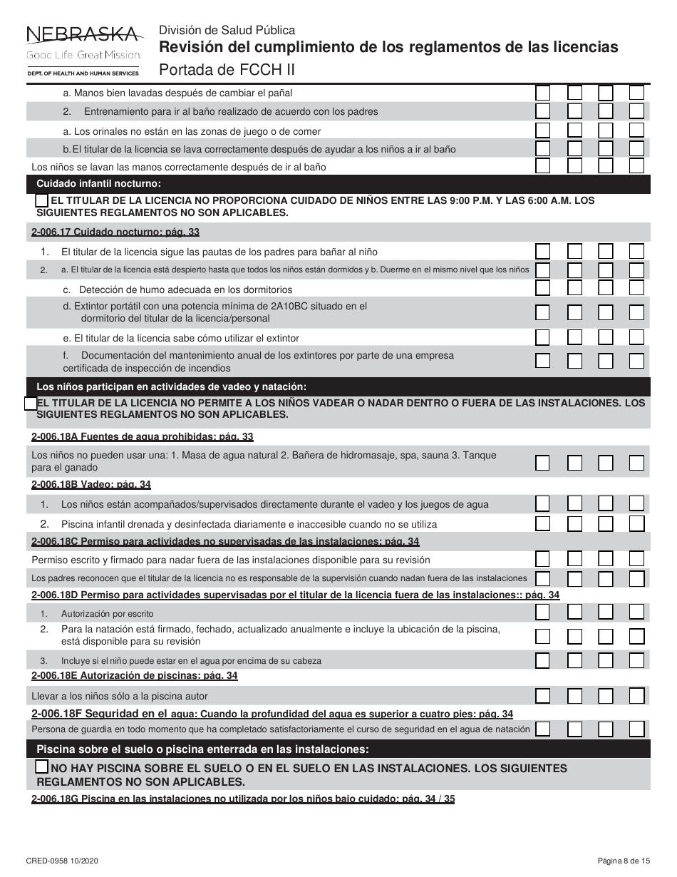 Formulario CRED-0958 Revisi n Del Cumplimiento De Los Reglamentos De Las Licencias - Portada De Fcch Ii - Nebraska (Spanish), Page 8