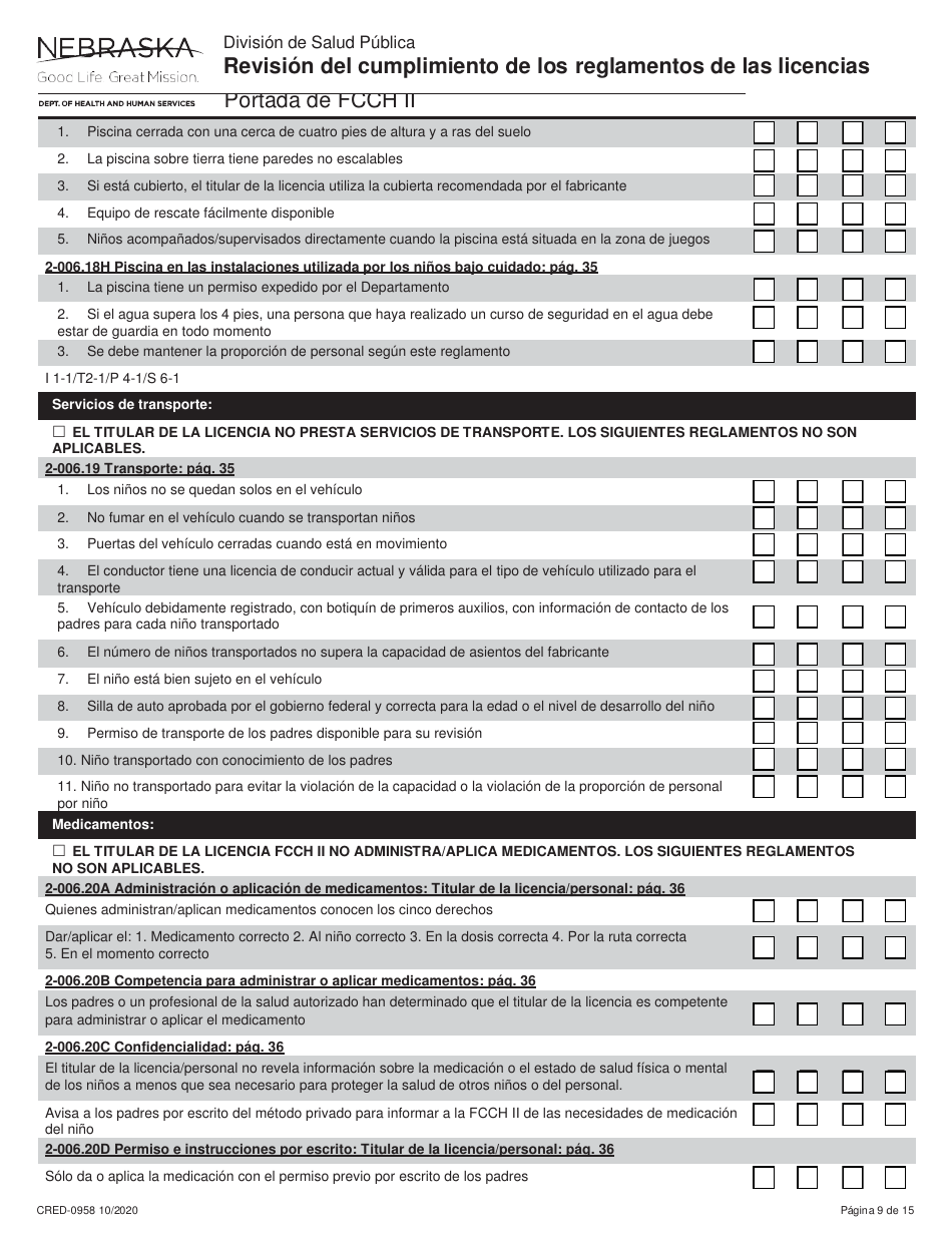 Formulario CRED-0958 Revisi n Del Cumplimiento De Los Reglamentos De Las Licencias - Portada De Fcch Ii - Nebraska (Spanish), Page 9