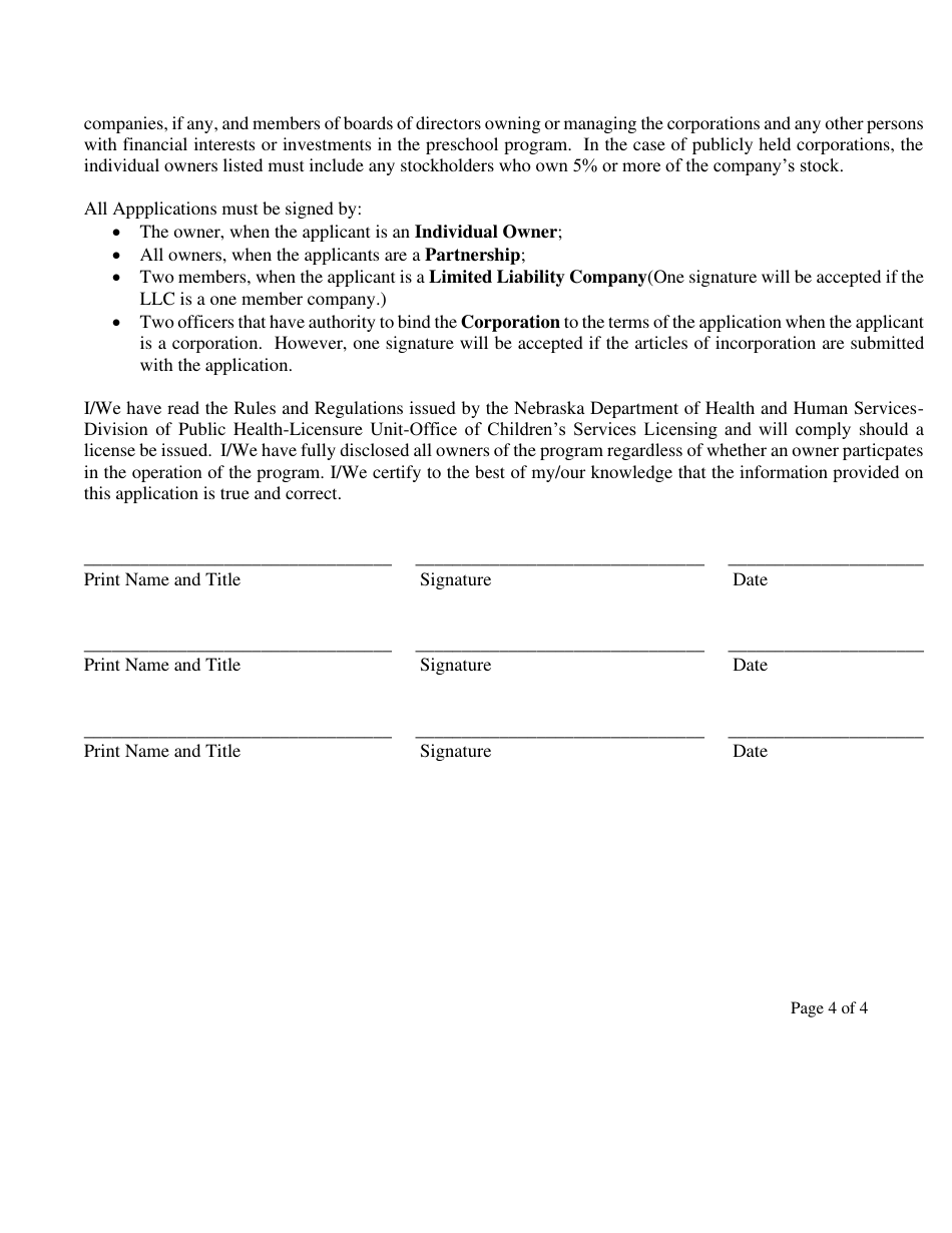 Application for a Preschool License - Nebraska, Page 6
