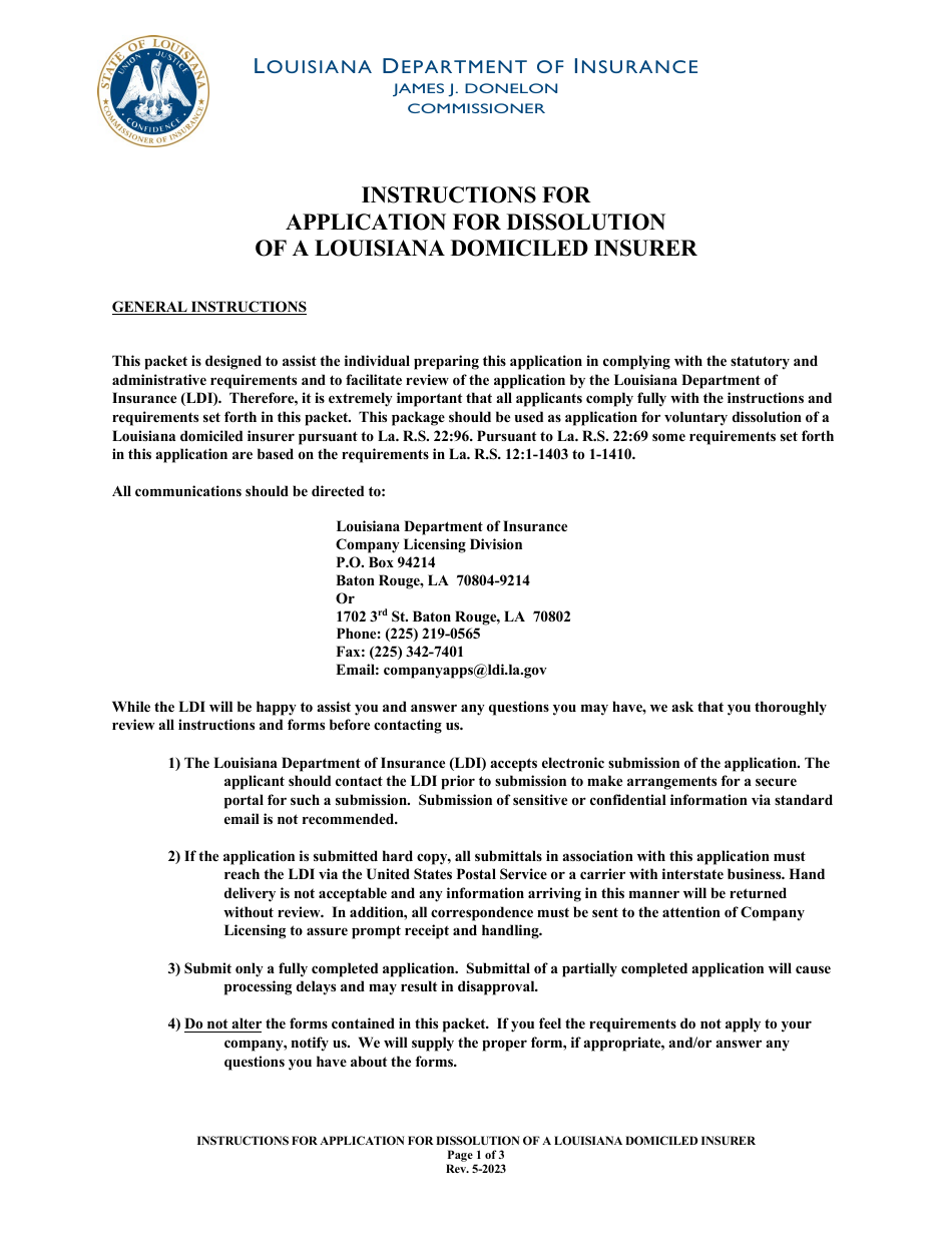 Application for Dissolution of a Louisiana Domiciled Insurer - Louisiana, Page 1