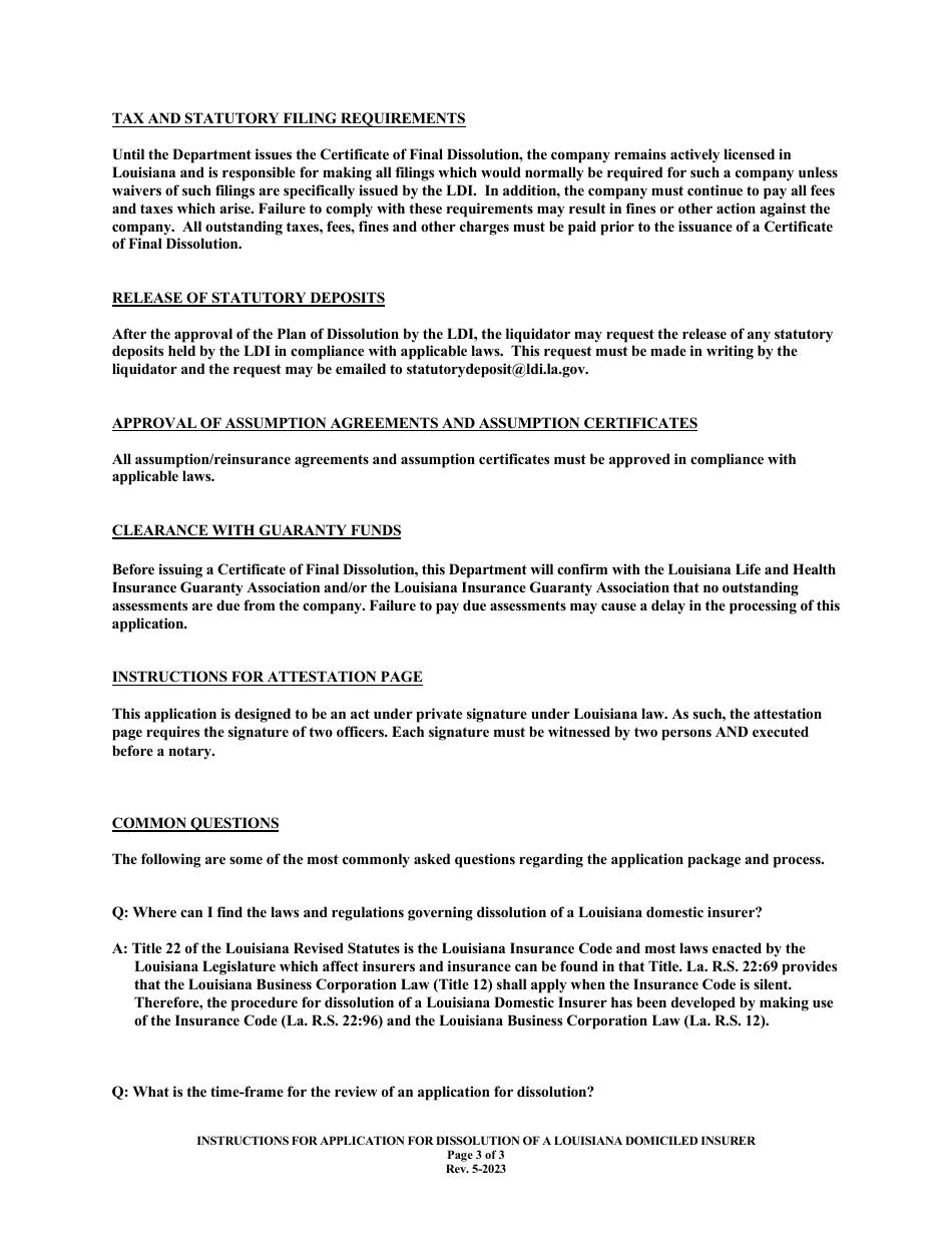 Application for Dissolution of a Louisiana Domiciled Insurer - Louisiana, Page 3