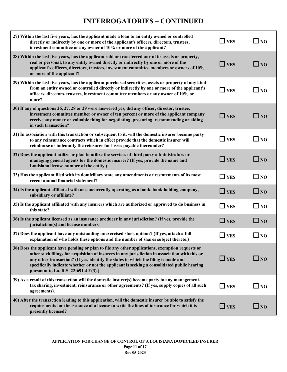 Application for Change of Control of a Louisiana Domiciled Insurer - Louisiana, Page 11