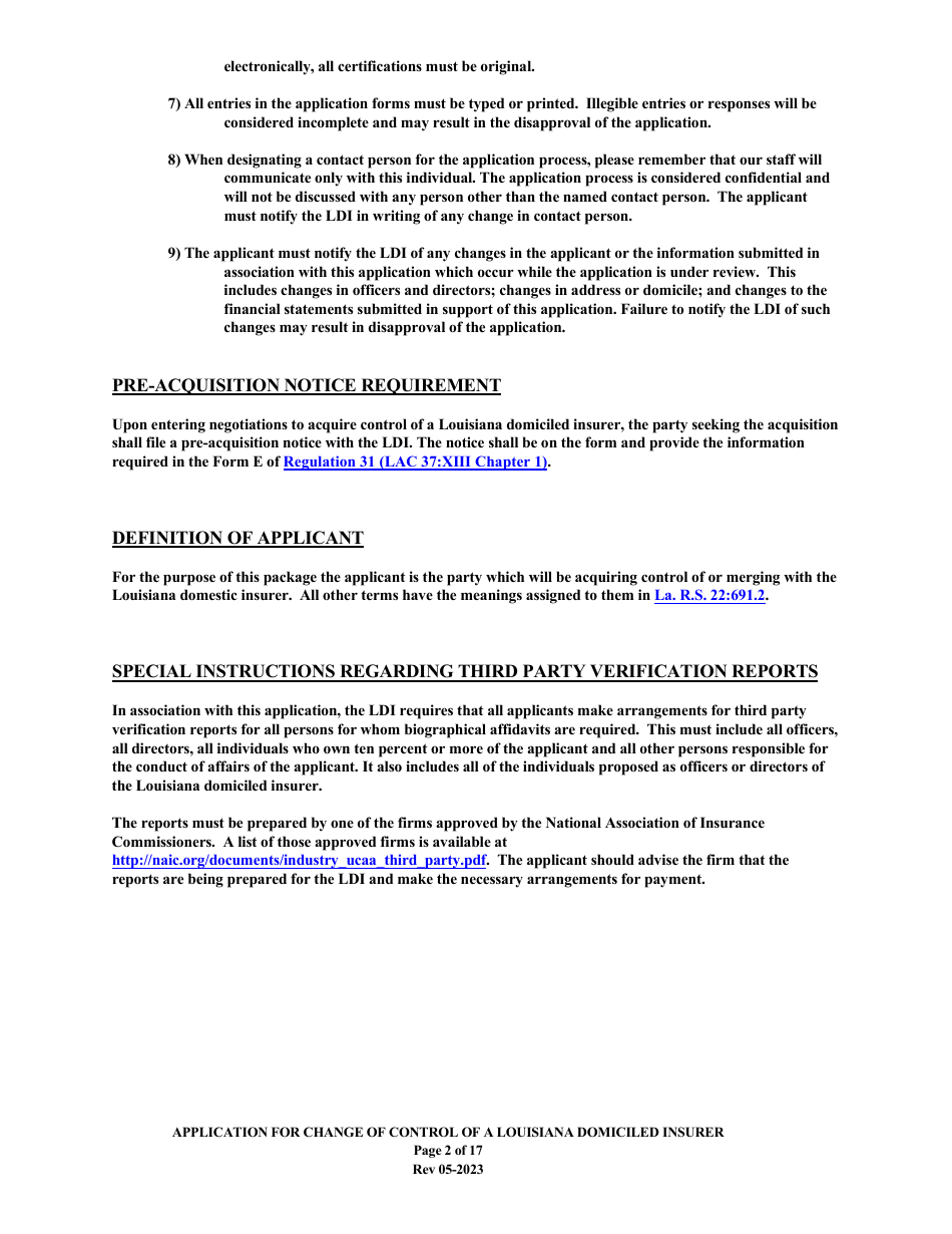 Application for Change of Control of a Louisiana Domiciled Insurer - Louisiana, Page 2