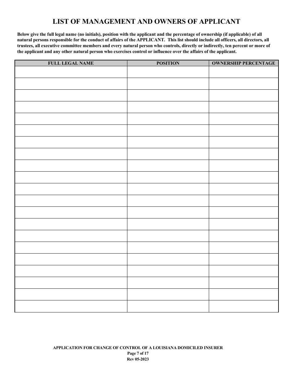 Application for Change of Control of a Louisiana Domiciled Insurer - Louisiana, Page 7