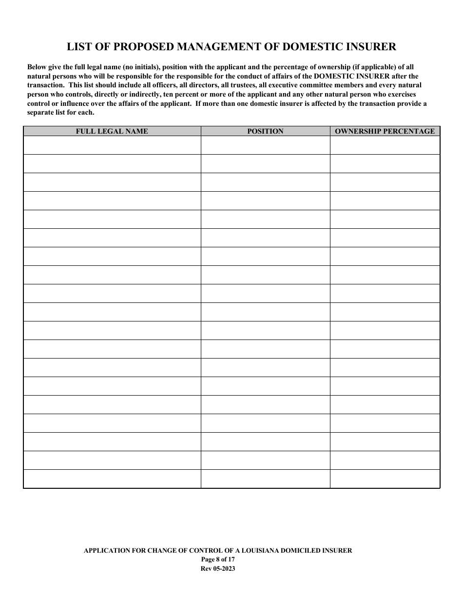 Application for Change of Control of a Louisiana Domiciled Insurer - Louisiana, Page 8