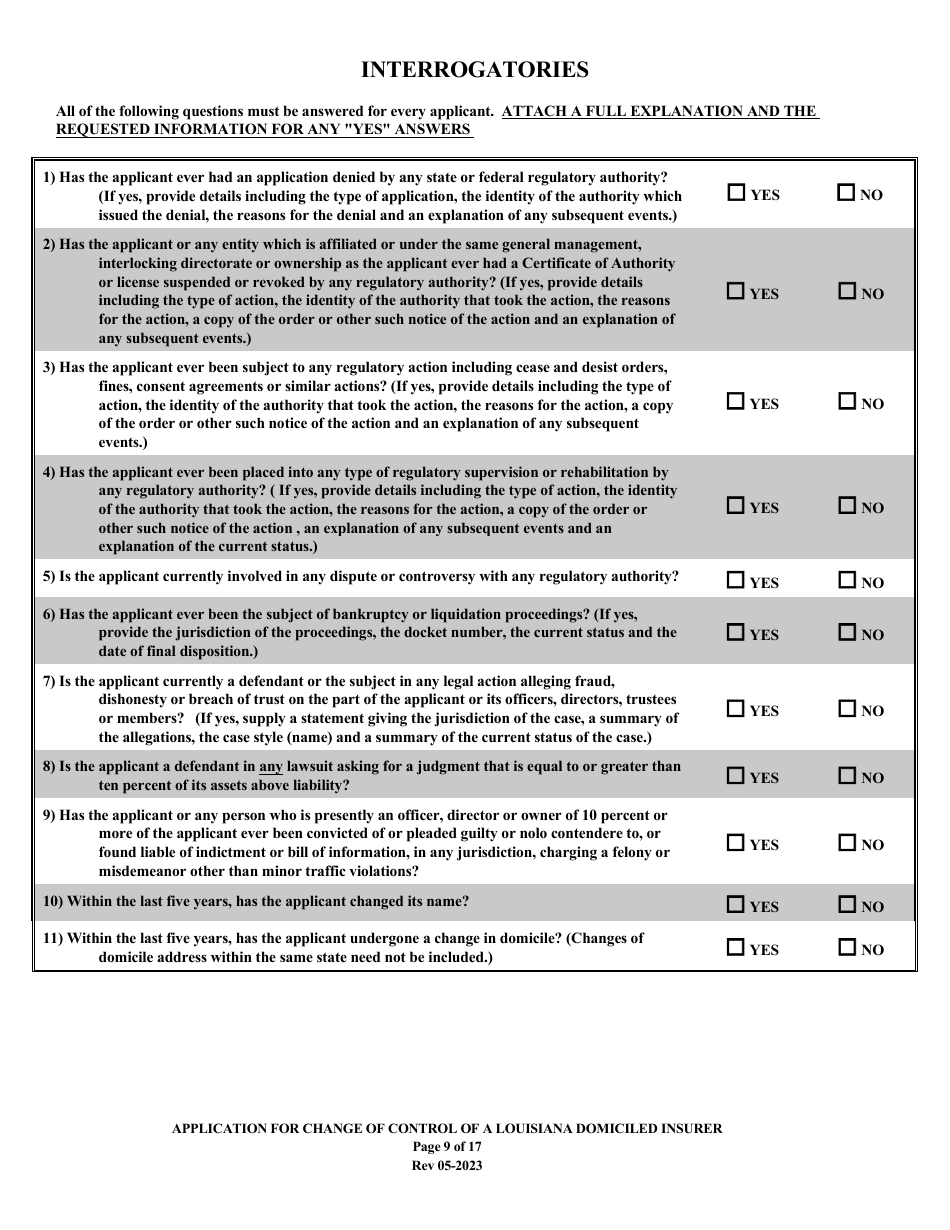Application for Change of Control of a Louisiana Domiciled Insurer - Louisiana, Page 9