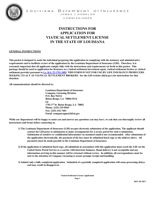 Application for Viatical Settlement License - Louisiana Download Pdf