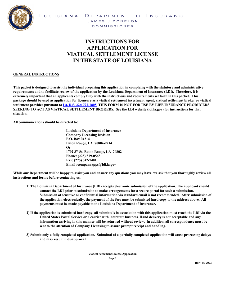 Application for Viatical Settlement License - Louisiana, Page 1