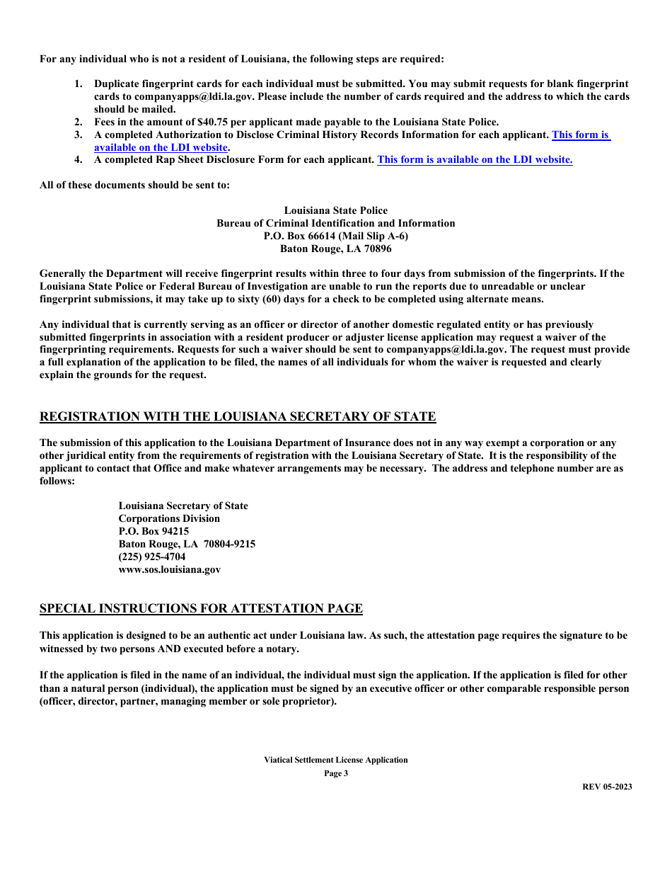 Application for Viatical Settlement License - Louisiana, Page 3