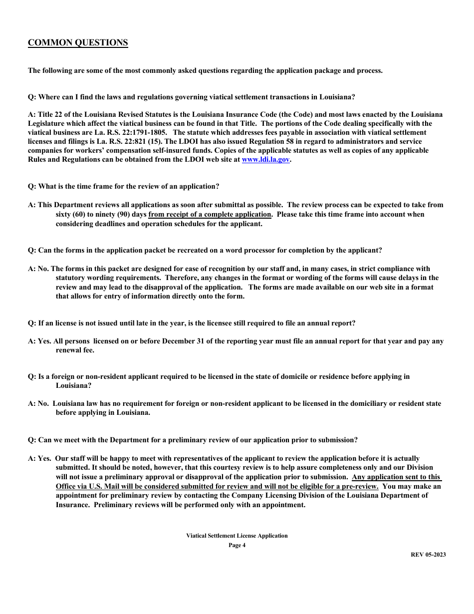 Application for Viatical Settlement License - Louisiana, Page 4
