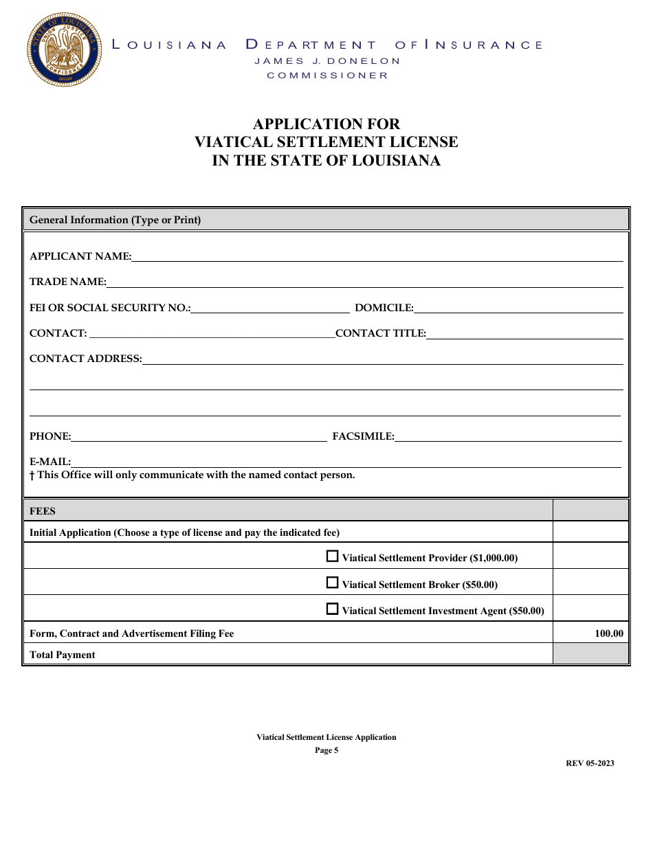 Application for Viatical Settlement License - Louisiana, Page 5