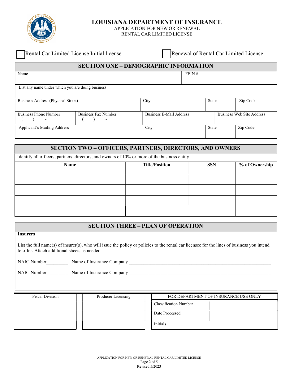 Application for New or Renewal Rental Car Limited License - Louisiana, Page 2