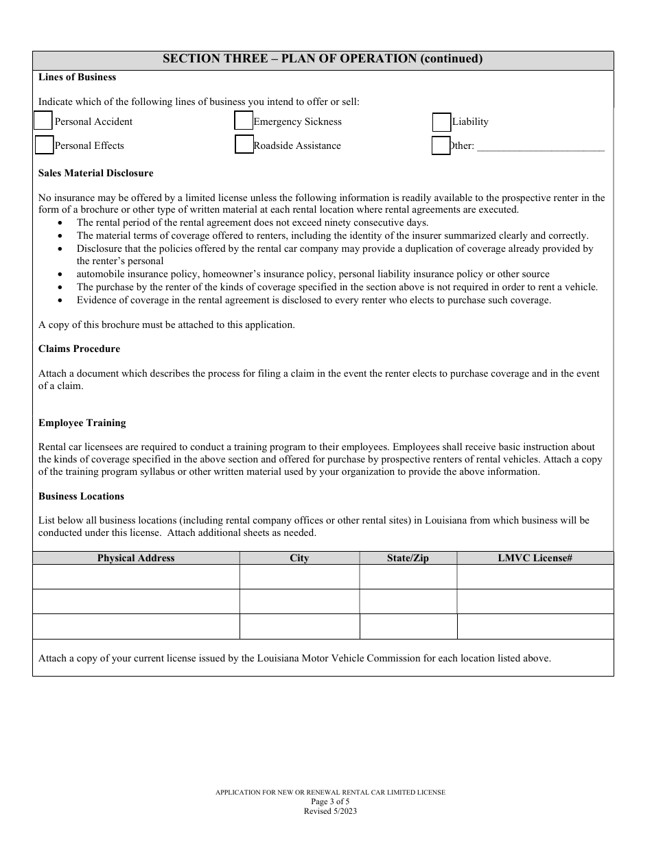 Application for New or Renewal Rental Car Limited License - Louisiana, Page 3