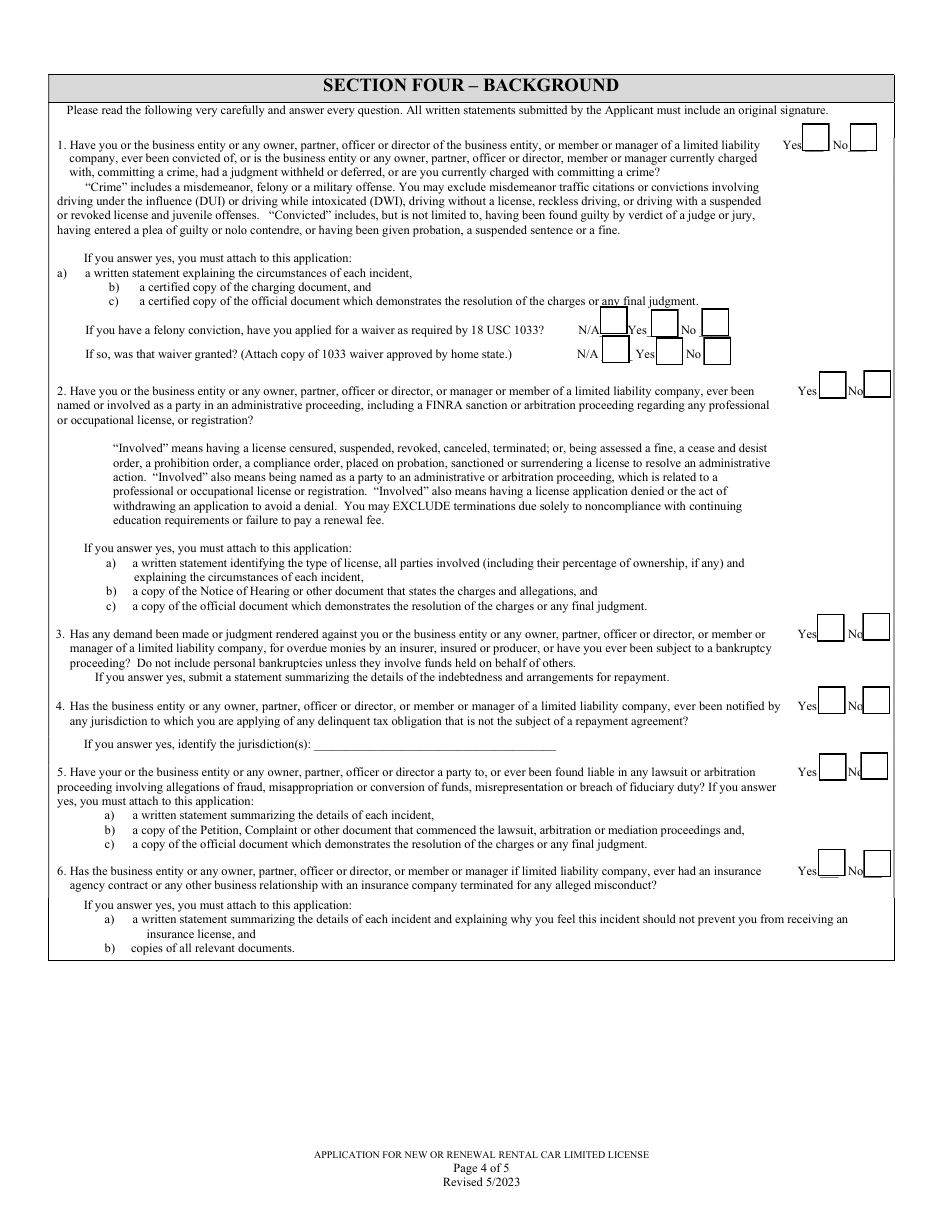 Application for New or Renewal Rental Car Limited License - Louisiana, Page 4