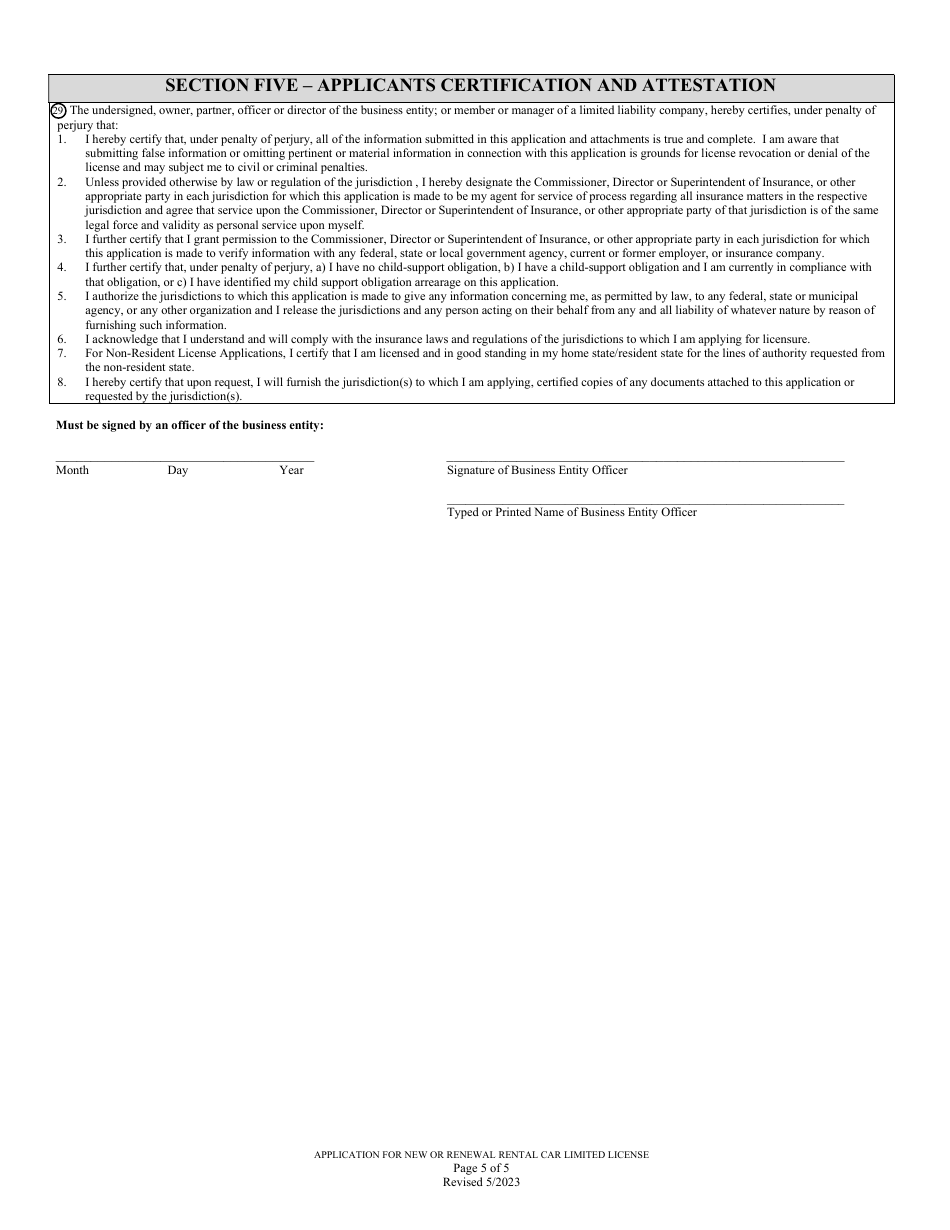Application for New or Renewal Rental Car Limited License - Louisiana, Page 5