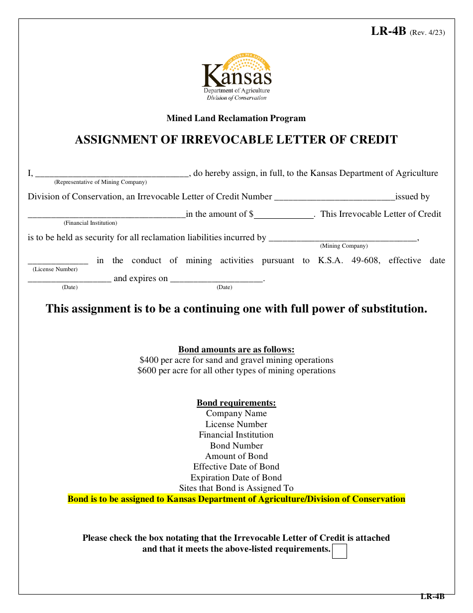 Form LR-4B Assignment of Irrevocable Letter of Credit - Kansas, Page 1