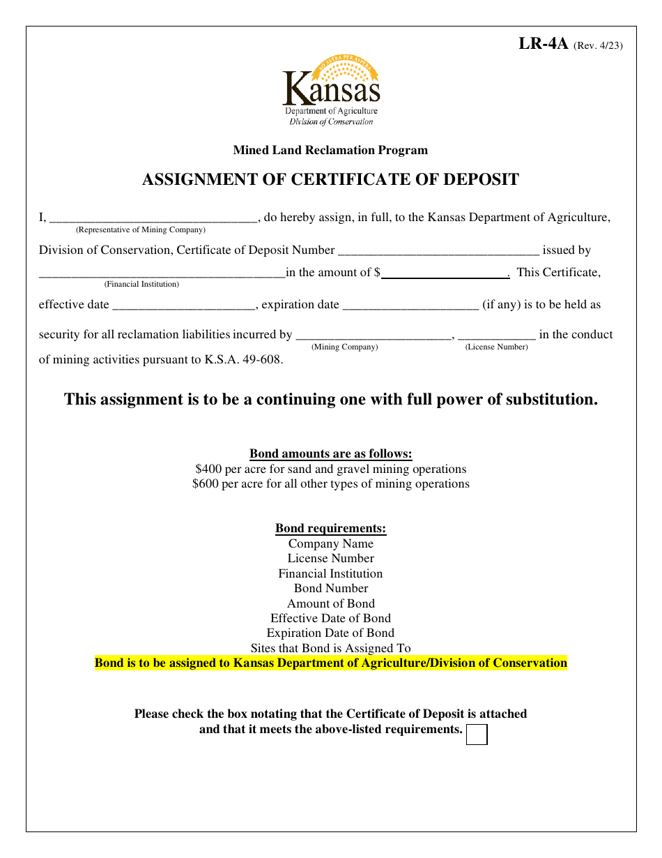 Form LR-4A Assignment of Certificate of Deposit - Mined Land Reclamation Program - Kansas, Page 1