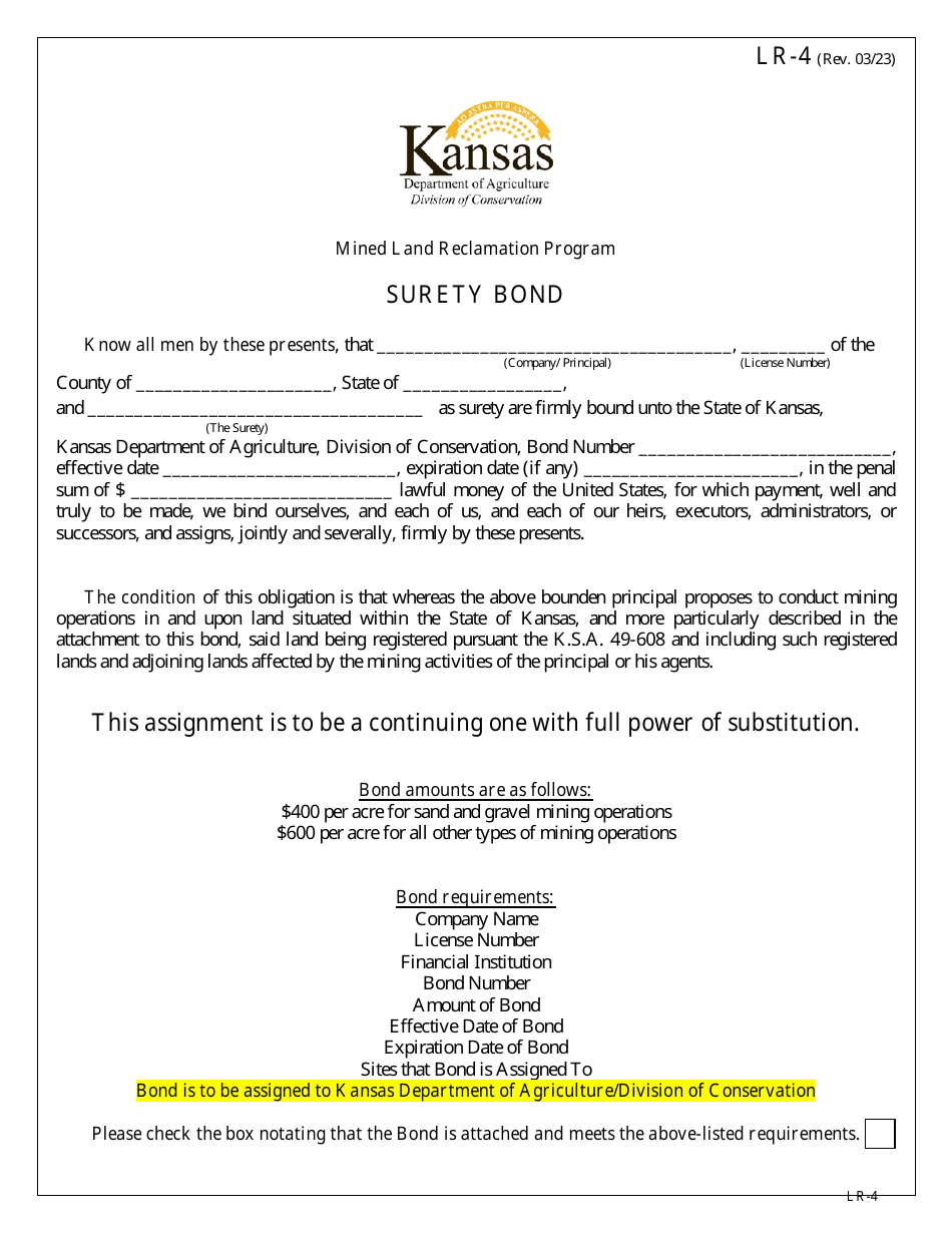 Form LR-4 Surety Bond - Mined Land Reclamation Program - Kansas, Page 1