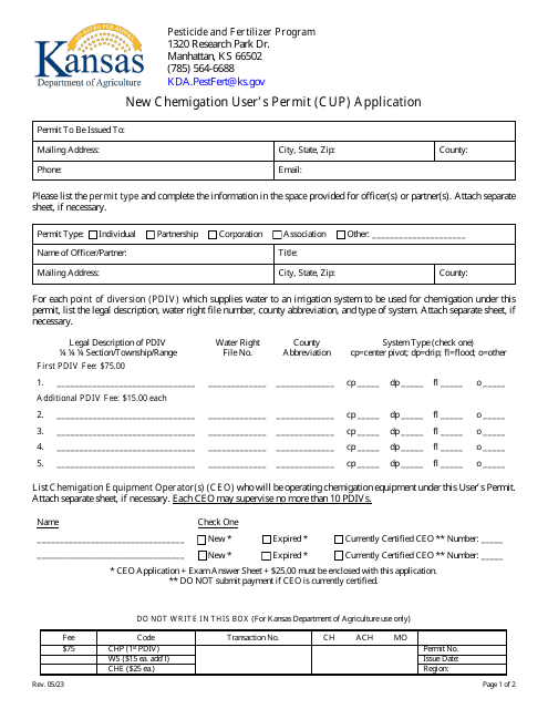 New Chemigation User's Permit (Cup) Application - Pesticide and Fertilizer Program - Kansas Download Pdf
