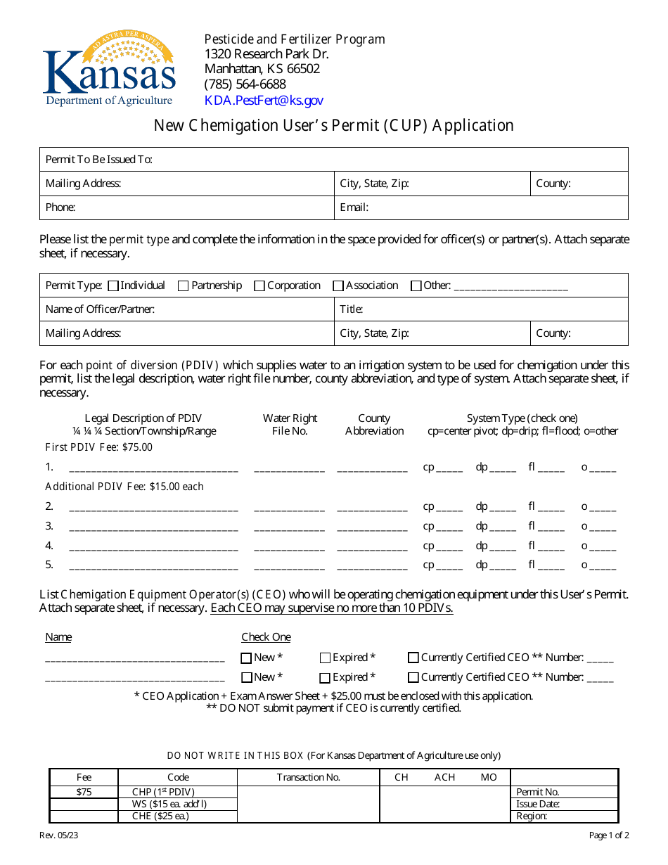 New Chemigation Users Permit (Cup) Application - Pesticide and Fertilizer Program - Kansas, Page 1