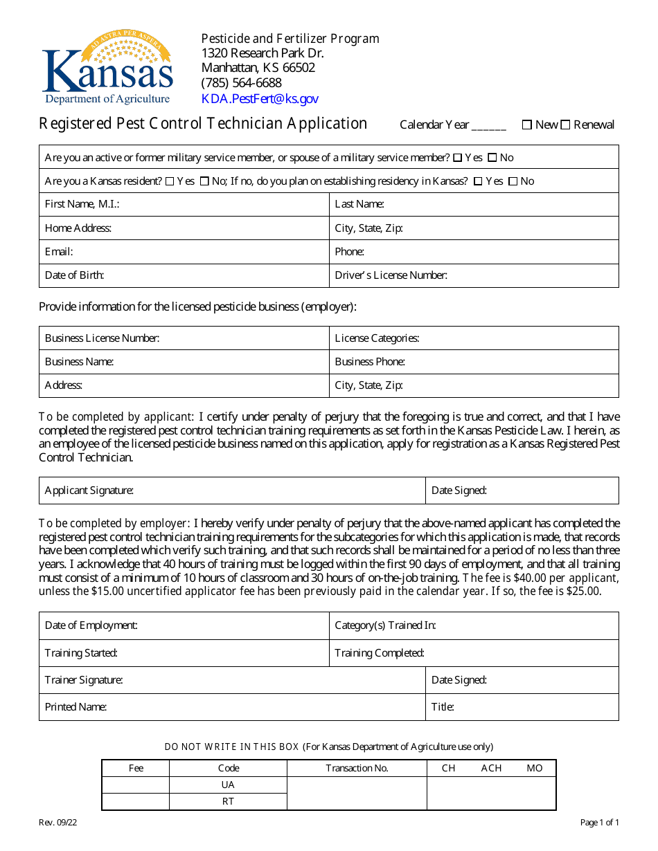Registered Pest Control Technician Application - Pesticide and Fertilizer Program - Kansas, Page 1
