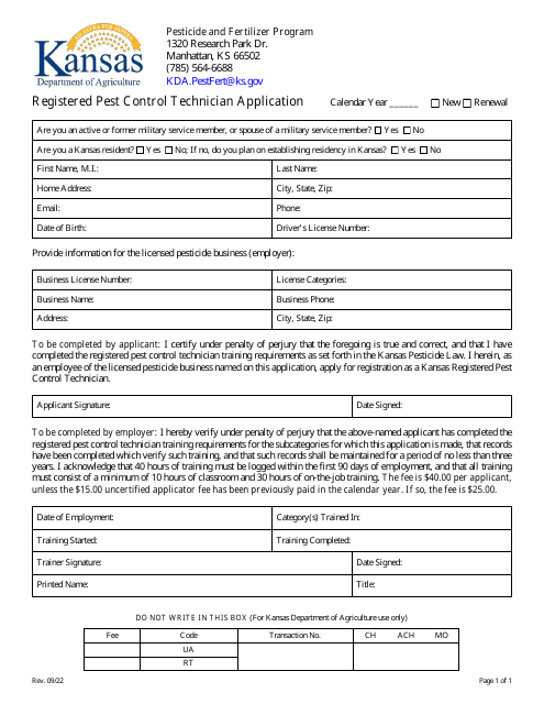 Registered Pest Control Technician Application - Pesticide and Fertilizer Program - Kansas