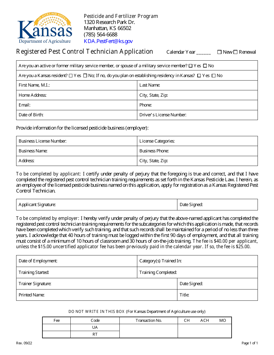 Kansas Registered Pest Control Technician Application Pesticide and