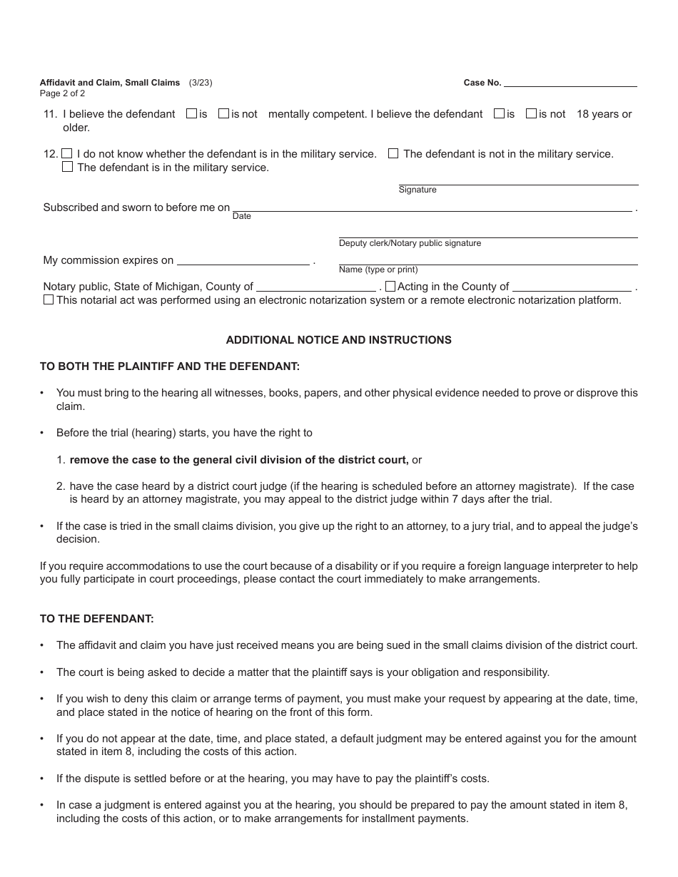 Form DC84 Affidavit and Claim - Small Claims - Michigan, Page 2