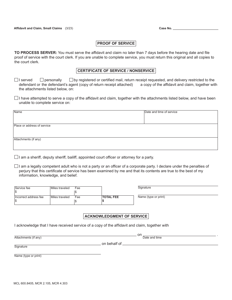 Form DC84 Affidavit and Claim - Small Claims - Michigan, Page 3