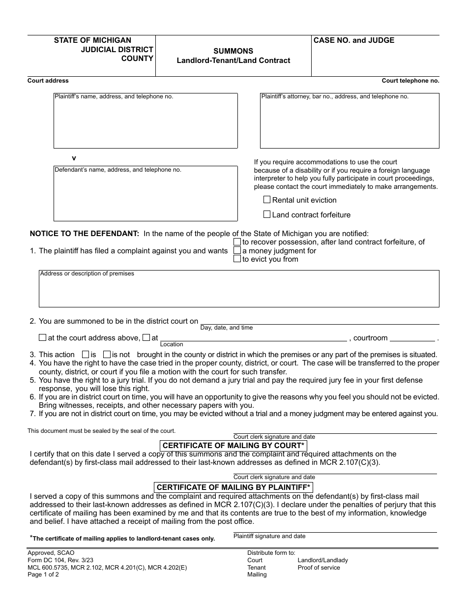 Form DC104 Summons - Landlord-Tenant / Land Contract - Michigan, Page 1